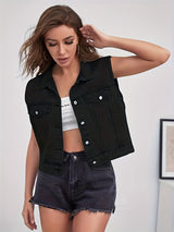 Orlenna - Womens Sleeveless Denim Jacket With Flap Pockets