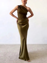 Anivelle - One Shoulder Pleated Maxi Dress