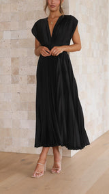 Audrelia – Pleated Midi Dress Deep V Elegant