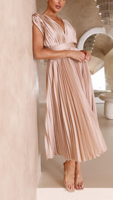 Audrelia – Pleated Midi Dress Deep V Elegant