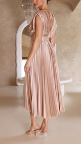 Audrelia – Pleated Midi Dress Deep V Elegant