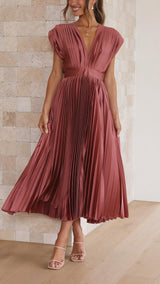 Audrelia – Pleated Midi Dress Deep V Elegant