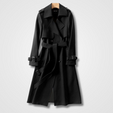 Cappotto trench nero elegante con cintura, design classico, ideale per moda autunnale e invernale. Stile sofisticato e versatile.