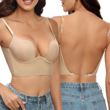 Reggiseno push-up beige senza schienale, spalline regolabili, indossato da donna in jeans. Lingerie femminile elegante e confortevole.