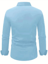 Camicia azzurra a maniche lunghe, vista posteriore, colletto classico, tessuto leggero, ideale per abbigliamento formale e casual.