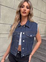 Orlenna - Womens Sleeveless Denim Jacket With Flap Pockets