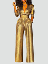 Sage – Shiny Evening Jumpsuit Wide Leg V Neck