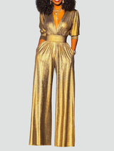 Sage – Shiny Evening Jumpsuit Wide Leg V Neck