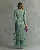 Levandule – Elegantní midi šaty s třásněmi