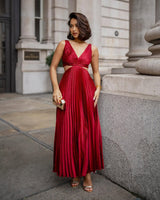 Audrine – Pleated Cutout Waist Midi Wedding Guest Dress