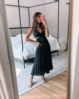 Audrine – Pleated Cutout Waist Midi Wedding Guest Dress
