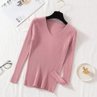 Ariel – Maglione da donna aderente a coste con scollo a V