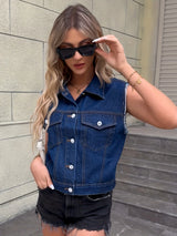 Orlenna - Womens Sleeveless Denim Jacket With Flap Pockets