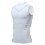 Canotta sportiva senza maniche bianca, design aderente, tessuto traspirante, ideale per allenamento e fitness, abbigliamento tecnico uomo.