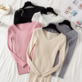 Ariel – Maglione da donna aderente a coste con scollo a V