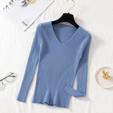 Ariel – Maglione da donna aderente a coste con scollo a V