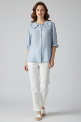Marellie - Womens Casual Shirt Ruffled Collar Button Front