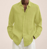 Camicia uomo in lino verde chiaro, maniche lunghe, stile casual elegante, perfetta per look estivi e primaverili. Tessuto leggero e traspirante.