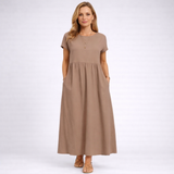 Elvina – Minimalistické krémové maxi šaty s kapsami