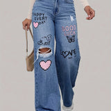 Zyra - Wide Leg Jeans With Heart And Graffiti Print
