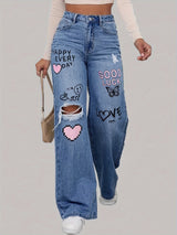 Zyra - Wide Leg Jeans With Heart And Graffiti Print