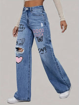 Kaelina – Kvinders jeans med vide ben og hjerte- og graffiti-print