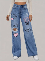 Zyra - Wide Leg Jeans With Heart And Graffiti Print