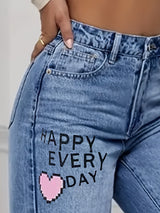 Kaelina – Kvinders jeans med vide ben og hjerte- og graffiti-print