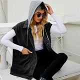 Kyverra - Womens Hooded Denim Waistcoat With Distressed Look