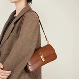 Cendian - Leather Baguette Shoulder Bag Gold Turn Lock Clasp