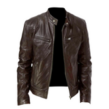 Giacca in pelle marrone da uomo, stile motociclista, con cerniera frontale e tasche con zip. Design elegante e moderno per look casual e urbano.