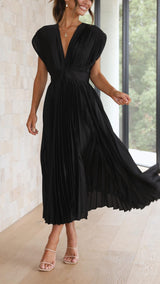 Audrelia – Pleated Midi Dress Deep V Elegant