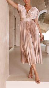 Audrelia – Pleated Midi Dress Deep V Elegant