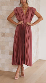 Audrelia – Pleated Midi Dress Deep V Elegant