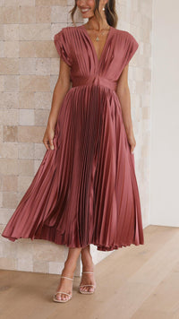 Audrelia – Pleated Midi Dress Deep V Elegant