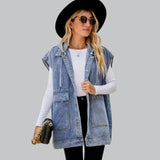 Kyverra - Womens Hooded Denim Waistcoat With Distressed Look