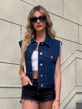 Orlenna - Womens Sleeveless Denim Jacket With Flap Pockets