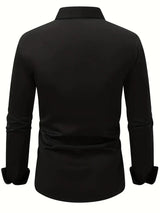 Camicia nera a maniche lunghe da uomo, vista posteriore, elegante e moderna, ideale per abbigliamento formale o casual, tessuto liscio e di qualità.