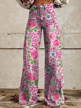 Virexa - Womens Wide Leg Trousers With Vintage Print