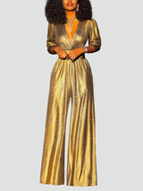 Sage – Shiny Evening Jumpsuit Wide Leg V Neck