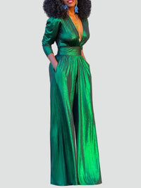 Sage – Shiny Evening Jumpsuit Wide Leg V Neck
