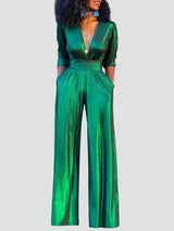 Sage – Shiny Evening Jumpsuit Wide Leg V Neck