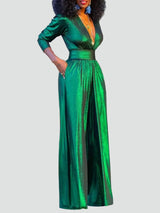 Sage – Shiny Evening Jumpsuit Wide Leg V Neck