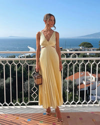 Audrine – Pleated Cutout Waist Midi Wedding Guest Dress