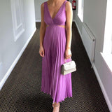 Audrine – Pleated Cutout Waist Midi Wedding Guest Dress